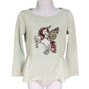 Bailey Lane Girls Turquoise Unicorn Sequin Peplum Sweater Size XS 4/5